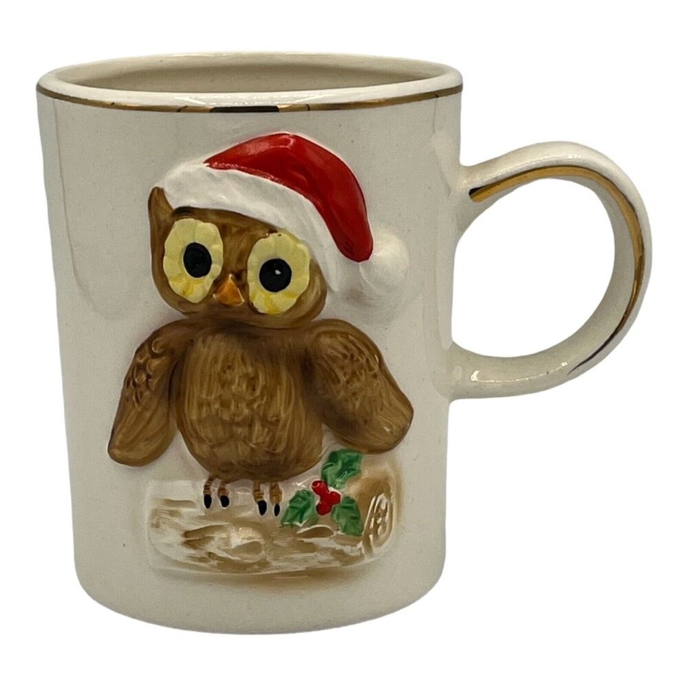 Josef Originals Christmas Owl on Yule Log Wearing Santa Hat Gilt Trim Coffee Mug - Picture 3 of 6